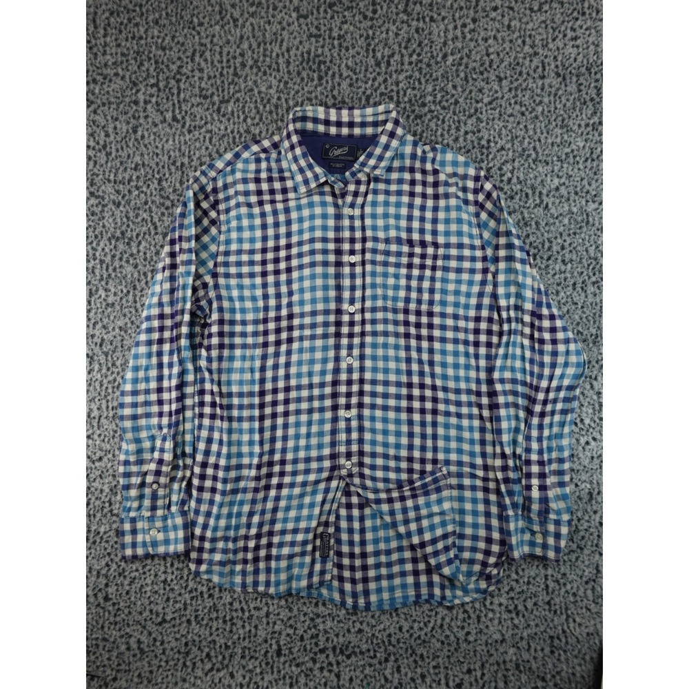 Grayers Button Down Shirt Mens Large Blue White Good Cotton Linen Gingham LS‎